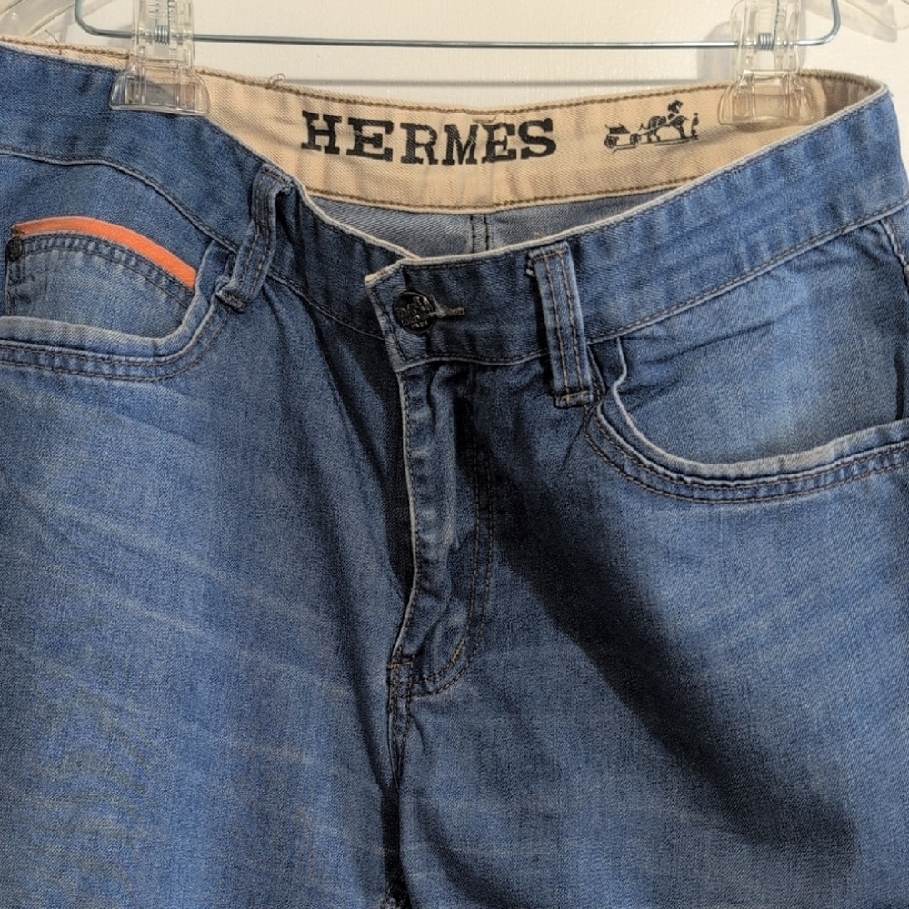 Hermes Vintage Men's Light Blue Relaxed Denim Jeans with Orange Accent